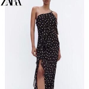 Zara Black Polka Dot One-Shoulder Dress - Size M